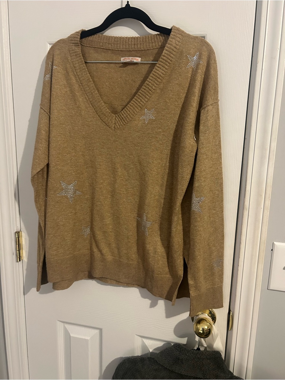 Knox Rose V-Neck Star Embellished Sweater in Camel